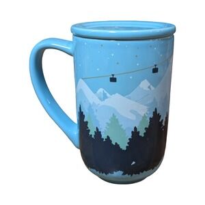 David's Tea Nordic Ceramic Mug Ski Lift Mountains winter Blue with Lid